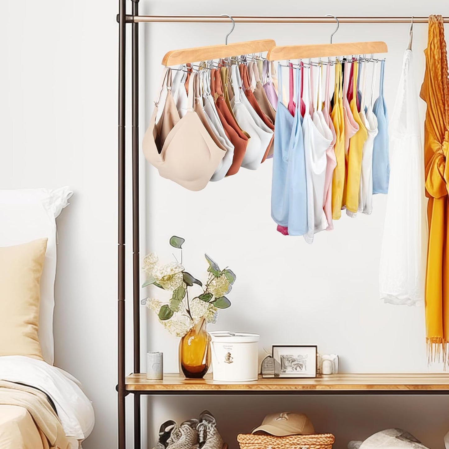 Tank Top Hanger with Premium Wood, 20 Large Capacity, Space Saving,360 Degree Rotating, Foldable Metal Hooks, Tank Tops