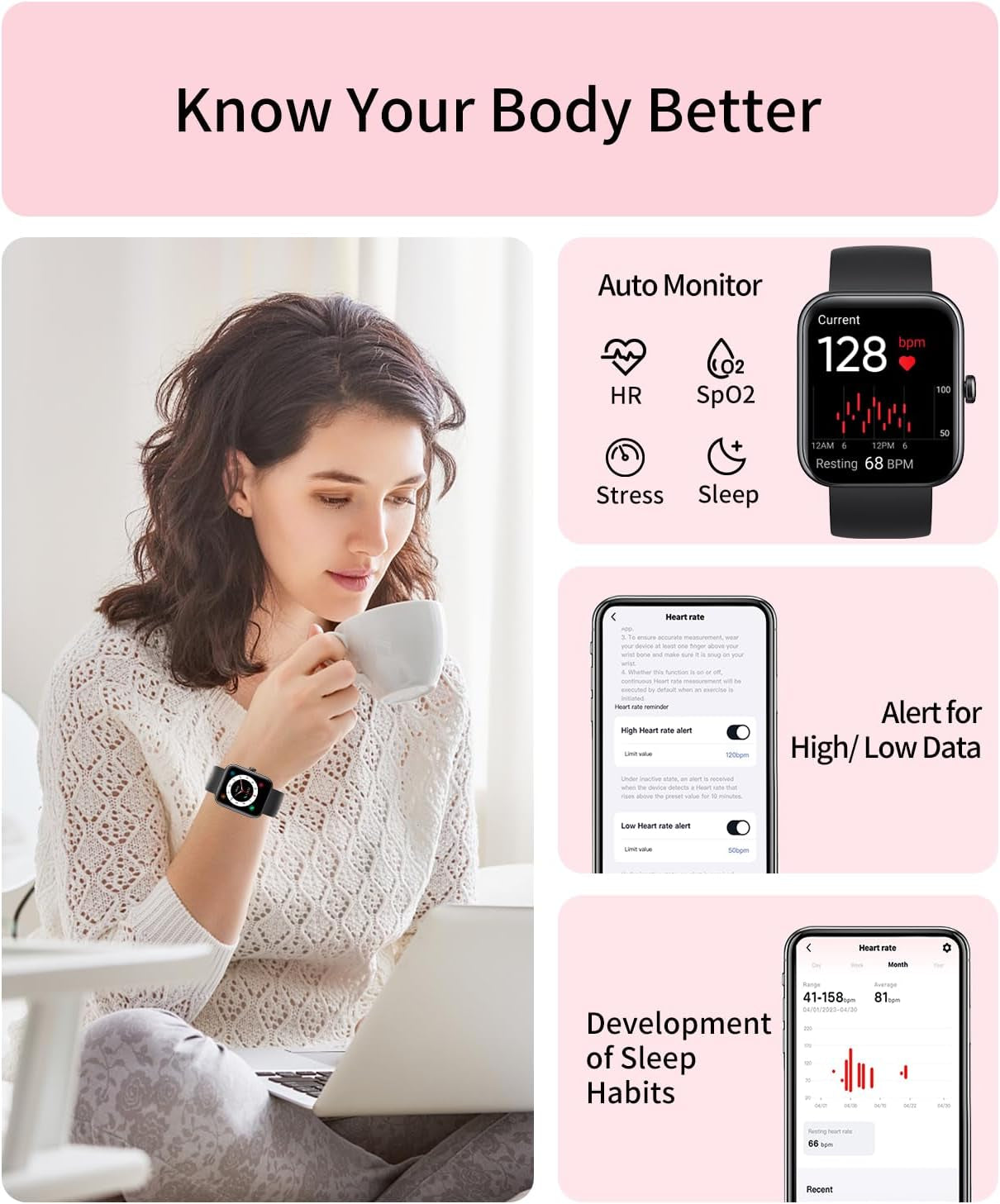RERE ASW1 Smart Watch with Alexa Built-In,1.69 Inch Fitness Tracker with 20 Sport Modes, Heart Rate, Blood Oxygen, Sleep Monitor, 5ATM Waterproof, 10 Day Battery Life, Fit for Ios and Android, Pink