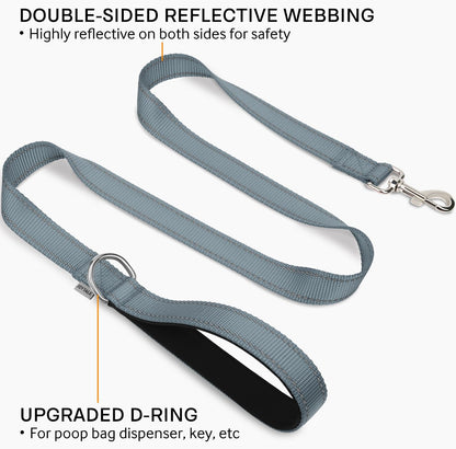 Double-Sided Reflective Dog Leash, 6 FT/5 FT/4 FT, Padded Handle Nylon Heavy Duty Leashes for Small & Medium Dogs Walking, Gray, 5FT
