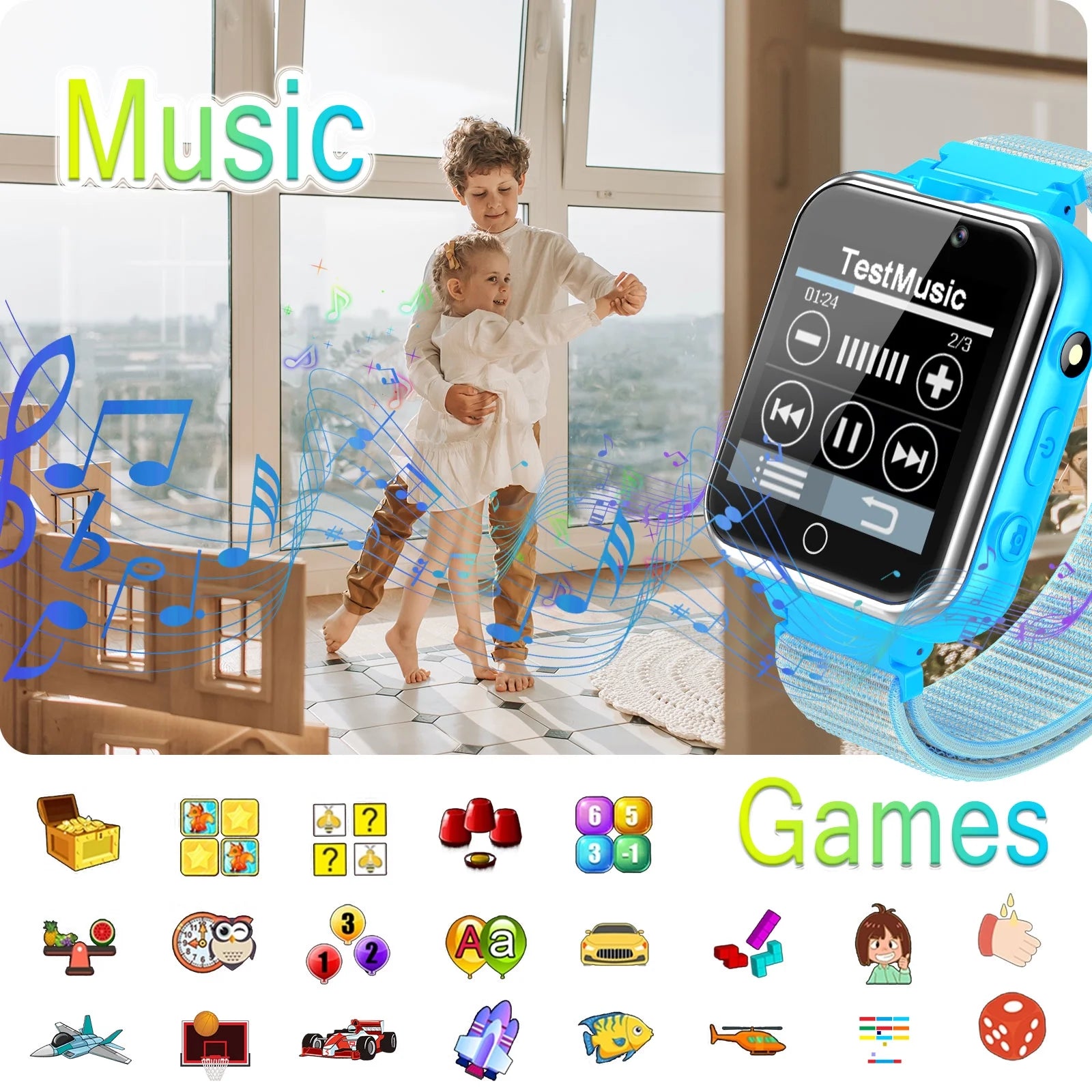 X32-Blue Kids Smartwatch with Dual Camera, 24 Games, MP3 & More, Blue with Nylon Band