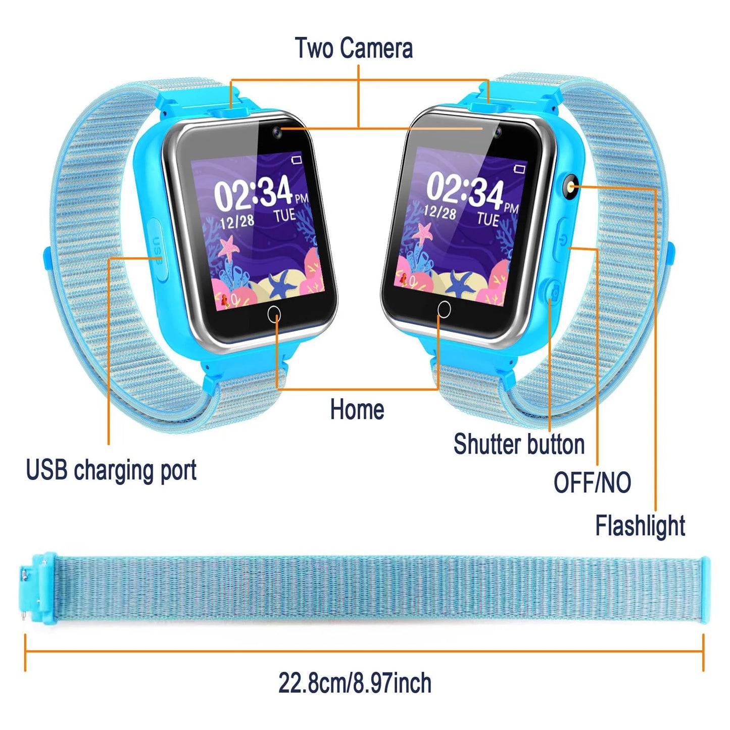 X32-Blue Kids Smartwatch with Dual Camera, 24 Games, MP3 & More, Blue with Nylon Band