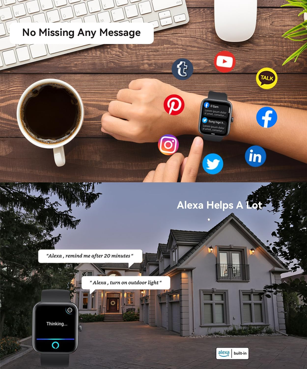 RERE ASW1 Smart Watch with Alexa Built-In,1.69 Inch Fitness Tracker with 20 Sport Modes, Heart Rate, Blood Oxygen, Sleep Monitor, 5ATM Waterproof, 10 Day Battery Life, Fit for Ios and Android, Pink