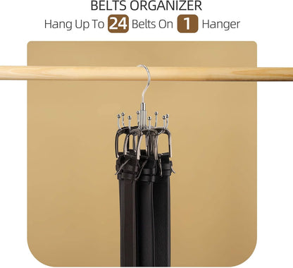 Belt Hanger, Rotatable Belt Rack Closet Accessories Organizer, Maximum 24 Storage Capacity, Hanging Holder Storage Hook for Belt, Bra, Tank Top, Tie, Scarf, Purse, Silver